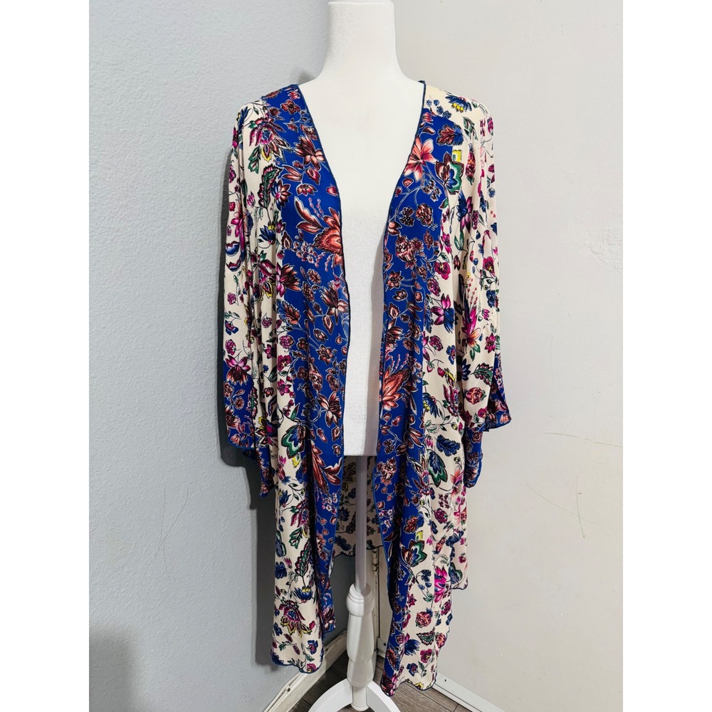 Democracy Womens Floral Print Open Front Kimono Blue Cream 2X 3X Bohemian